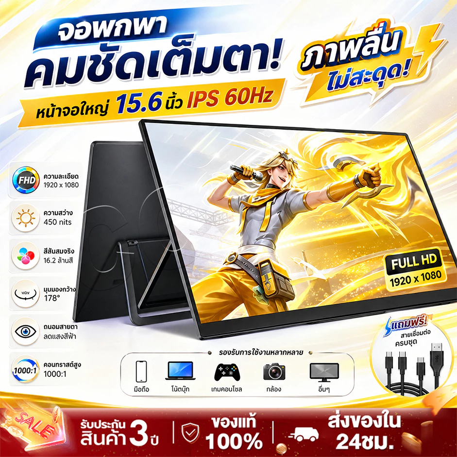 จอพกพา จอภาพแบบพกพา 15.6นิ้ว 1080P IPS แบบพกพา จอคอมพิวเตอร์