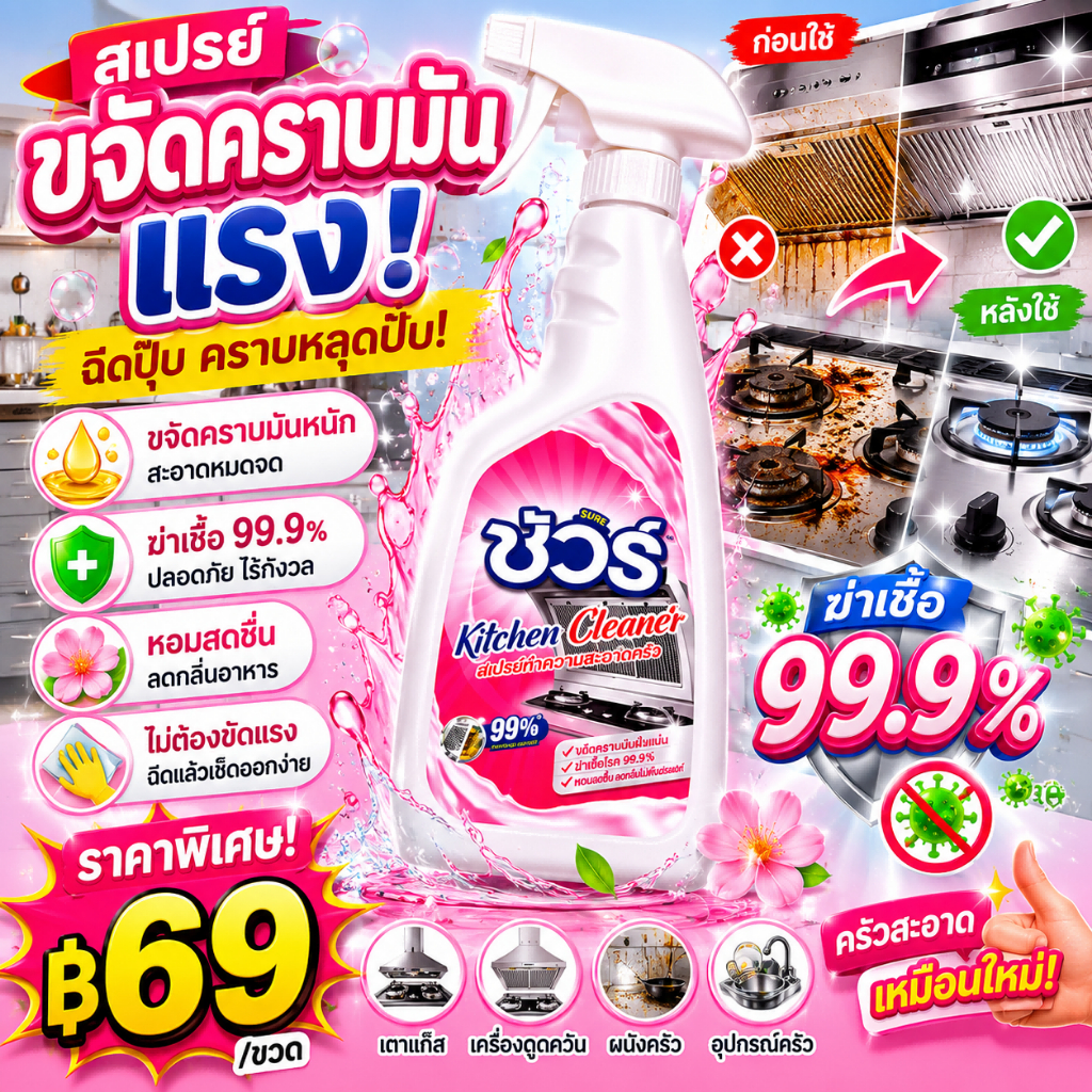 SURE สเปรย์ทำความสะอาดห้องครัว น้ำยาขจัดคราบมัน ขจัดคราบฝังลึก คราบน้ำมัน เตาแก๊ส เครื่องดูดควัน