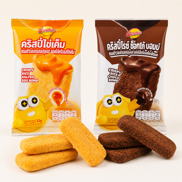 Sunthai Crispy Rice Bomb ขนมข้าวอบกรอบสอดไส้ 2 รสชาติ ไข่เค็ม ช็อกโกแลต กรอบหอม เคี้ยวเพลิน 22g