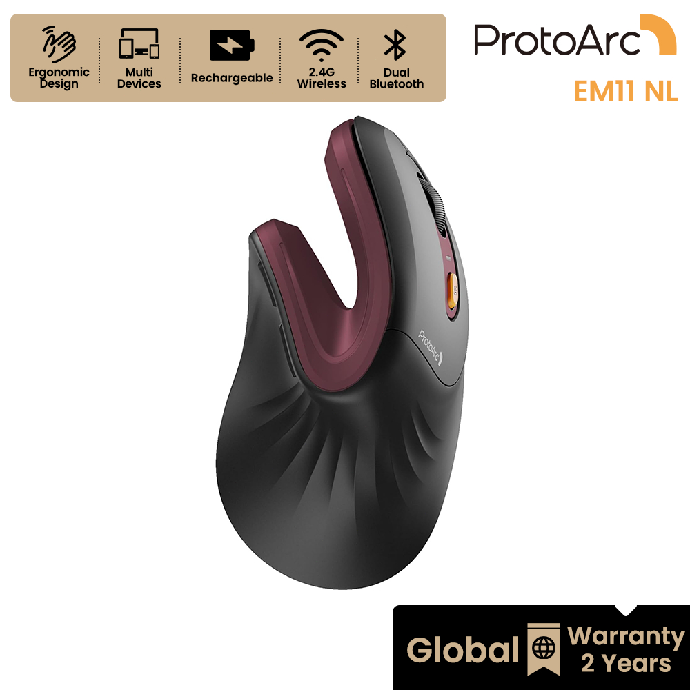 ProtoArc EM11 NL เมาส์แนวตั้ง Ergonomic เพื่อสุขภาพ ไร้สาย บลูทูธ 2 ช่อง + 2.4G ชาร์จได้ สีดำ-แดงไวน์ รับประกัน 2 ปี