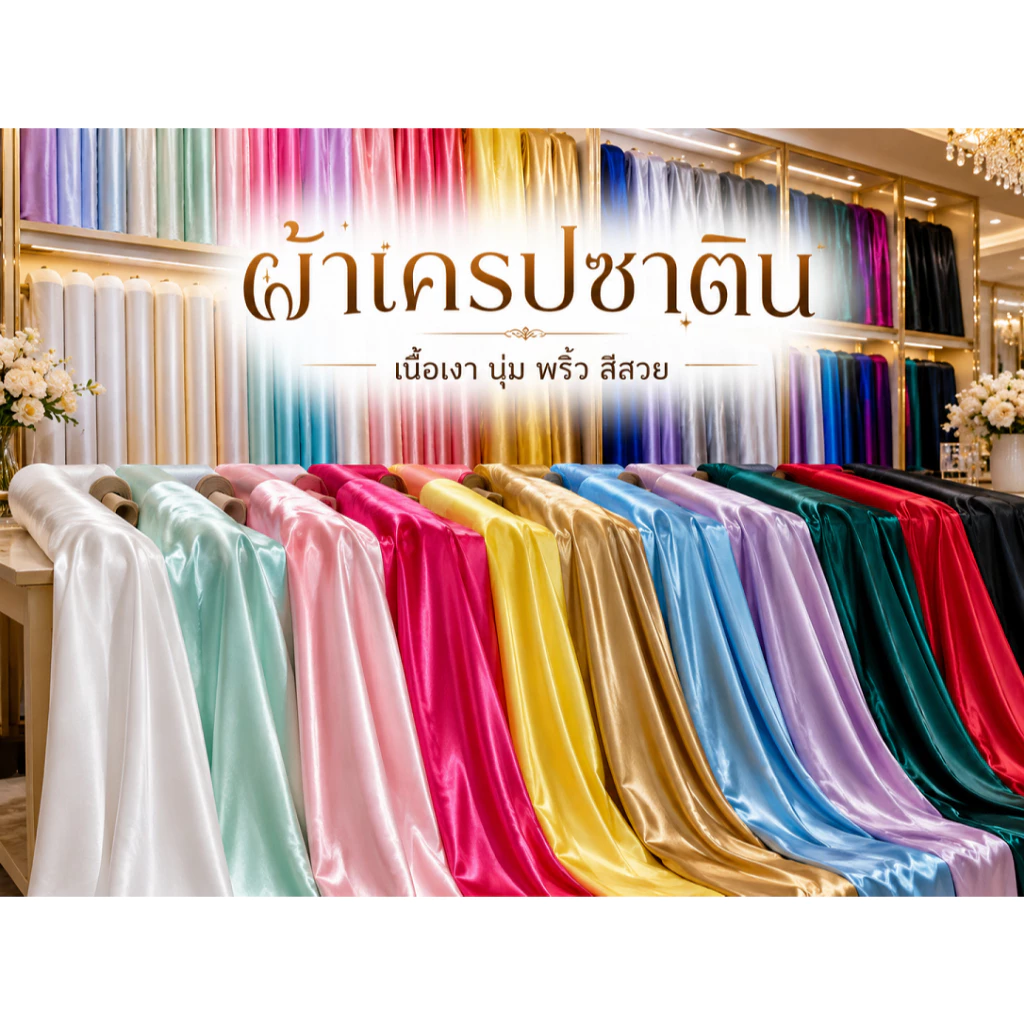 ผ้าเมตร ผ้าเครป ผ้าซาตินญี่ปุ่นเนื้อมันเงา สีพื้น เนื้อดี สำหรับตัดเดรส ตัดชุดราตรี หน้ากว้าง 45 นิ้ว
