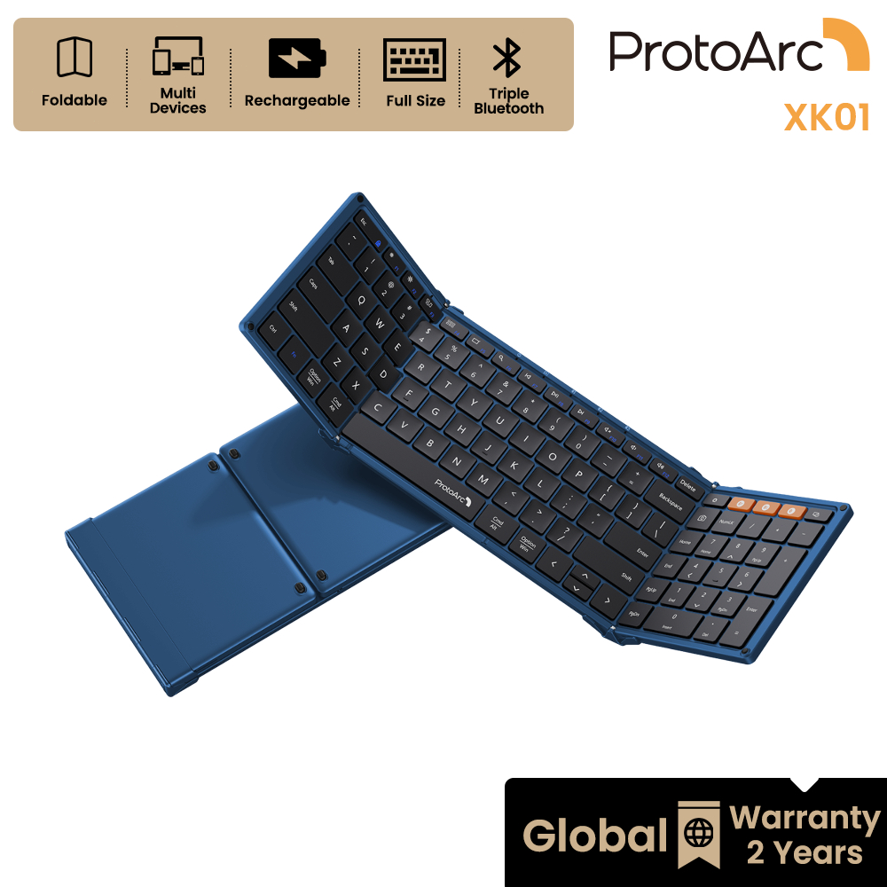ProtoArc XK01 คีย์บอร์ดพับได้ บลูทูธไร้สาย 3 อุปกรณ์ ขนาด Full Size ชาร์จไฟได้ สีน้ำเงินเข้ม รับประกัน 2 ปี