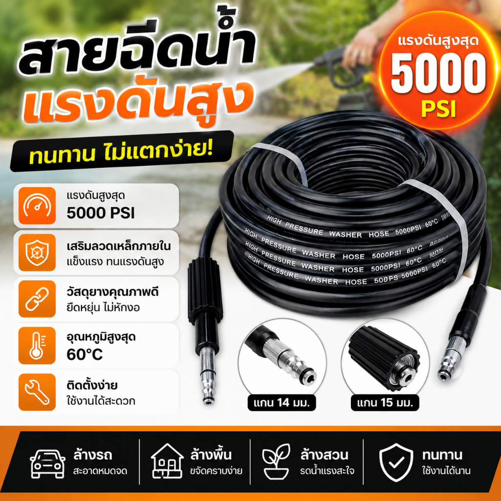 สายฉีดน้ำแรงดันสูง สายปั๊มอัด สายอัดฉีด ไฮโดรลิค สายไฮดรอลิคสายฉีดน้ำแรงดันสูง หลายขนาด 8/15/20ม ใช้กับเครื่องล้างรถ