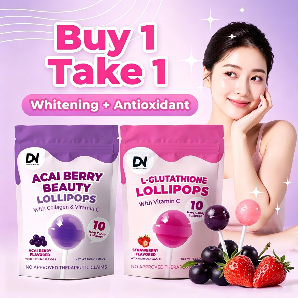 ซื้อ 1 แถม 1! DN L-Glutathione Strawberry Acai Berry Flavor Collagen Lollipops with Vitamin C Dietary Supplement 10PCS