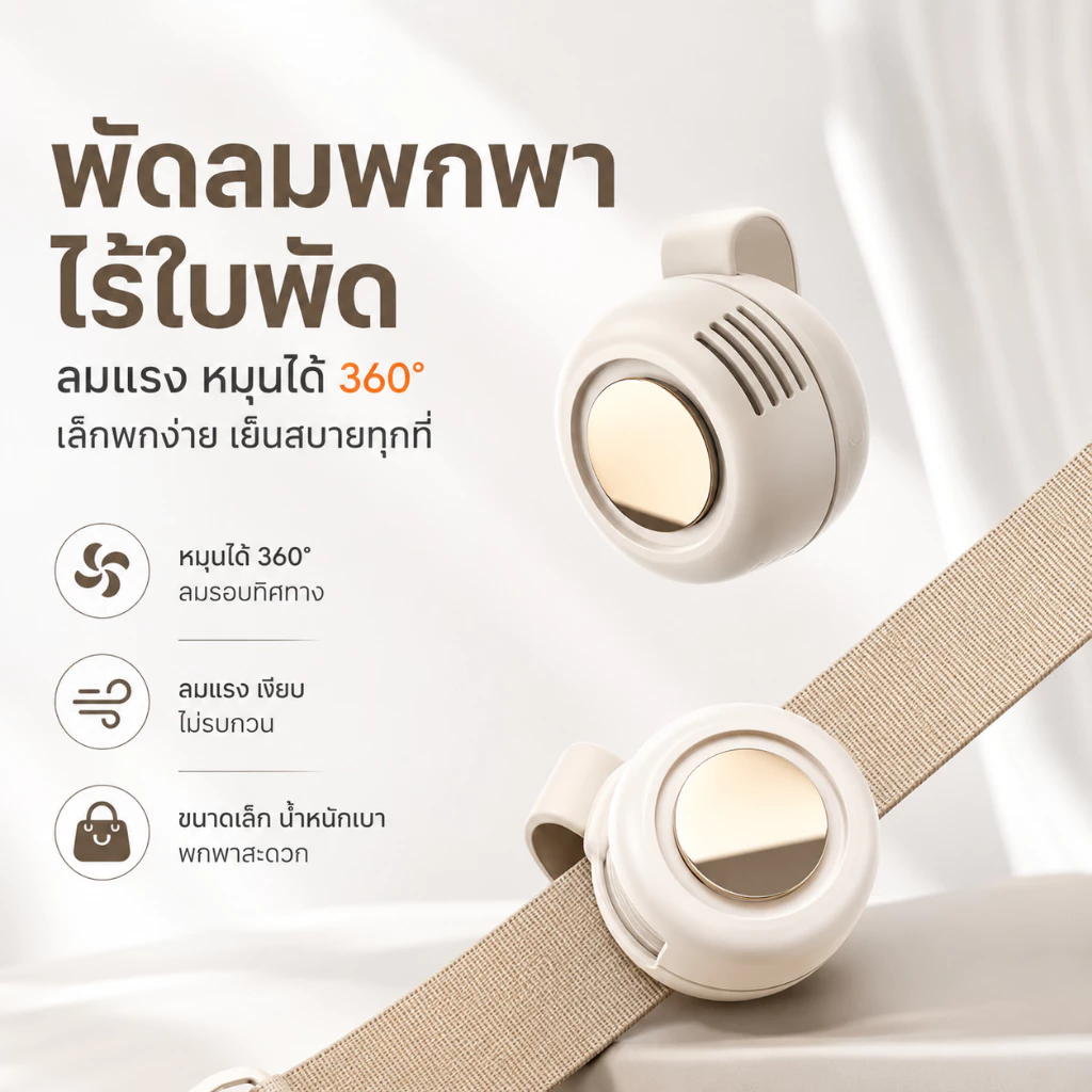 พัดลมหนีบ พัดลมพกพา พัดลมมือถือ Mini Fan ไร้ใบพัด หมุนได้360° Rechargeable USB-C 3ระดับ ลมแรง เสียงเบา ขนาดเล็ก พกง่าย