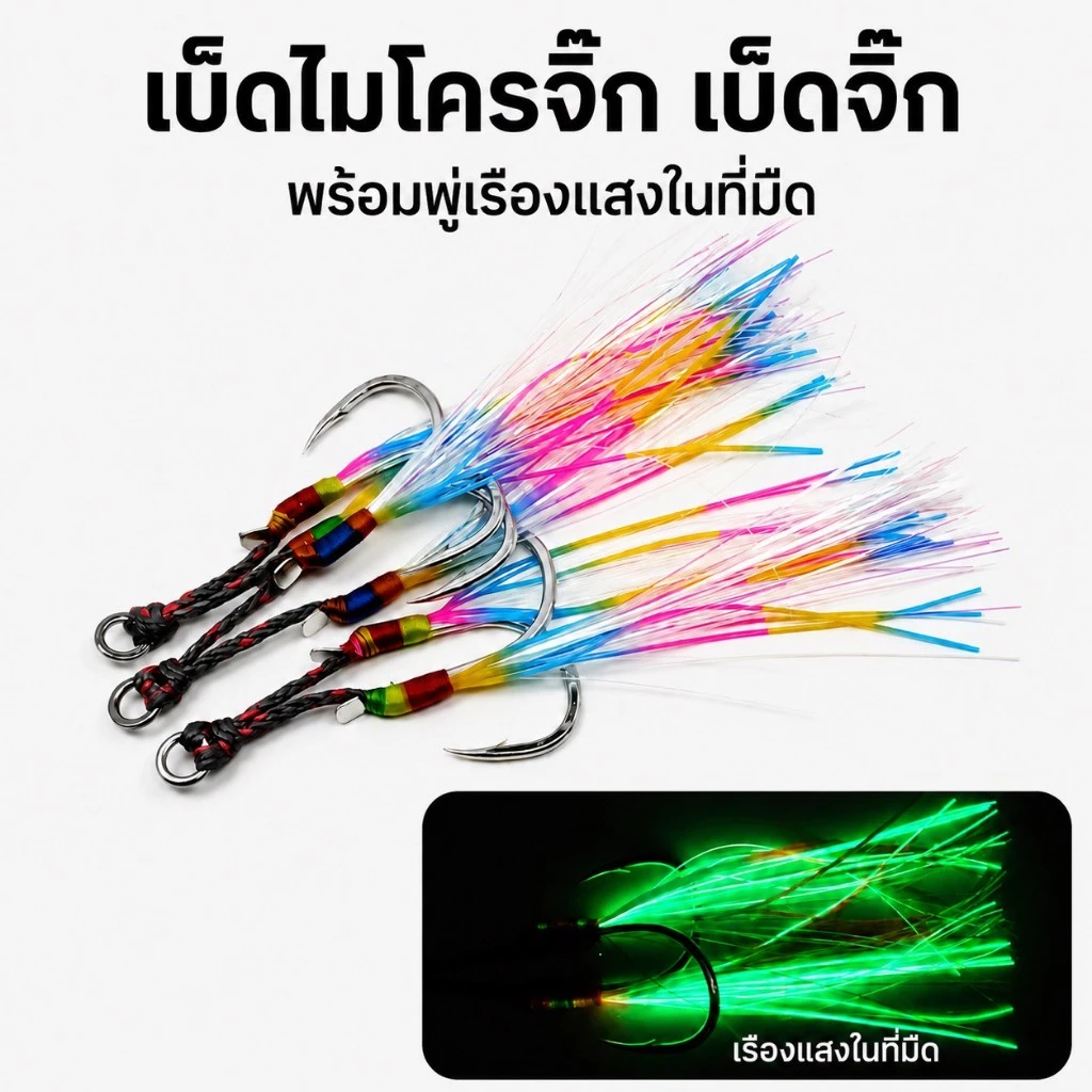 เบ็ดไมโครจิ๊ก เบ็ดจิ๊ก ตะขอคู่พร้อมพู่แฟลชเรืองแสง JH1