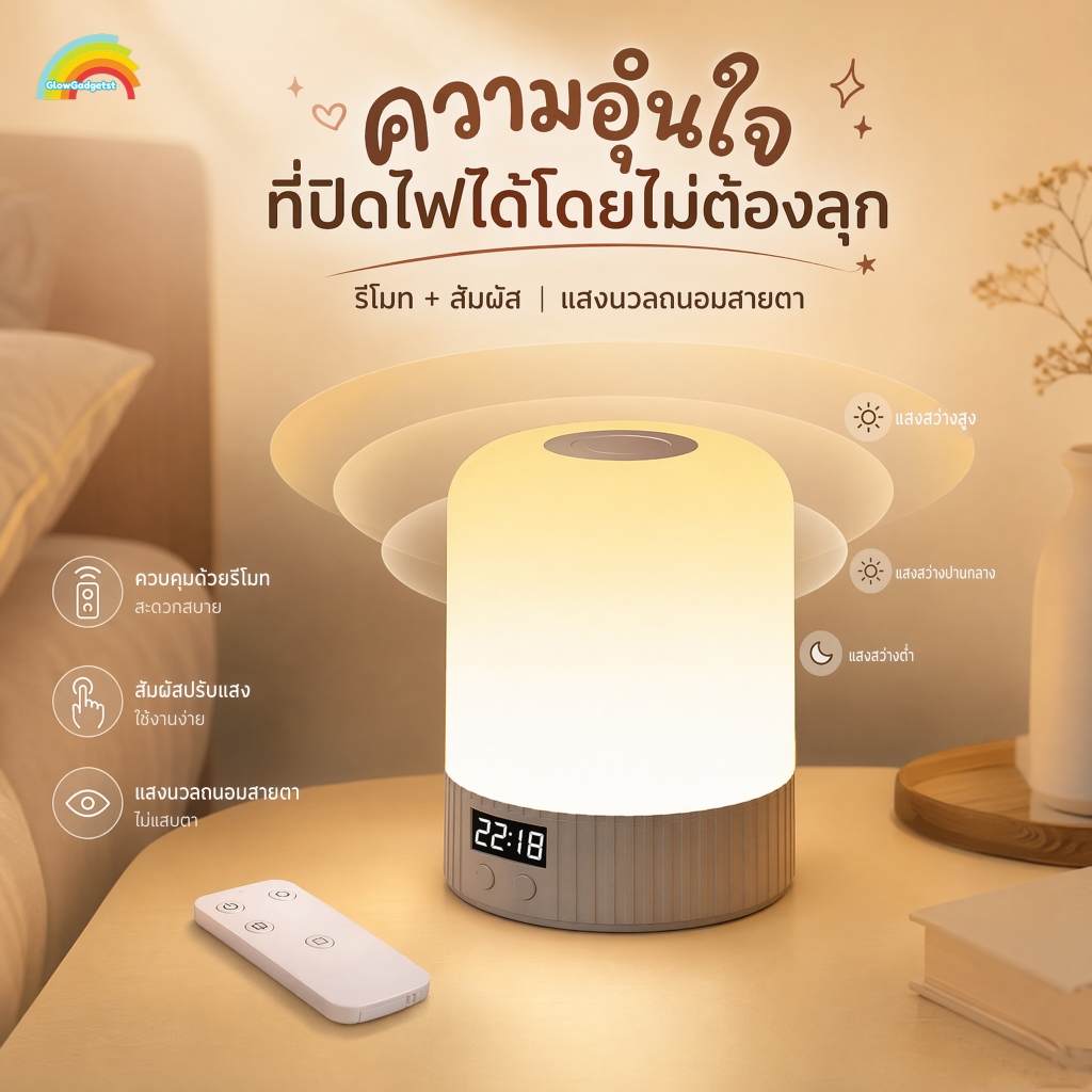 โคมไฟ โคมไฟแสดงเวลา 3โทน สัมผัสเปิด แบตเตอรี่นาน 8 ชม. โคมไฟตั้งแคมป์ โคมไฟข้างเตียง LED นุ่มนวล