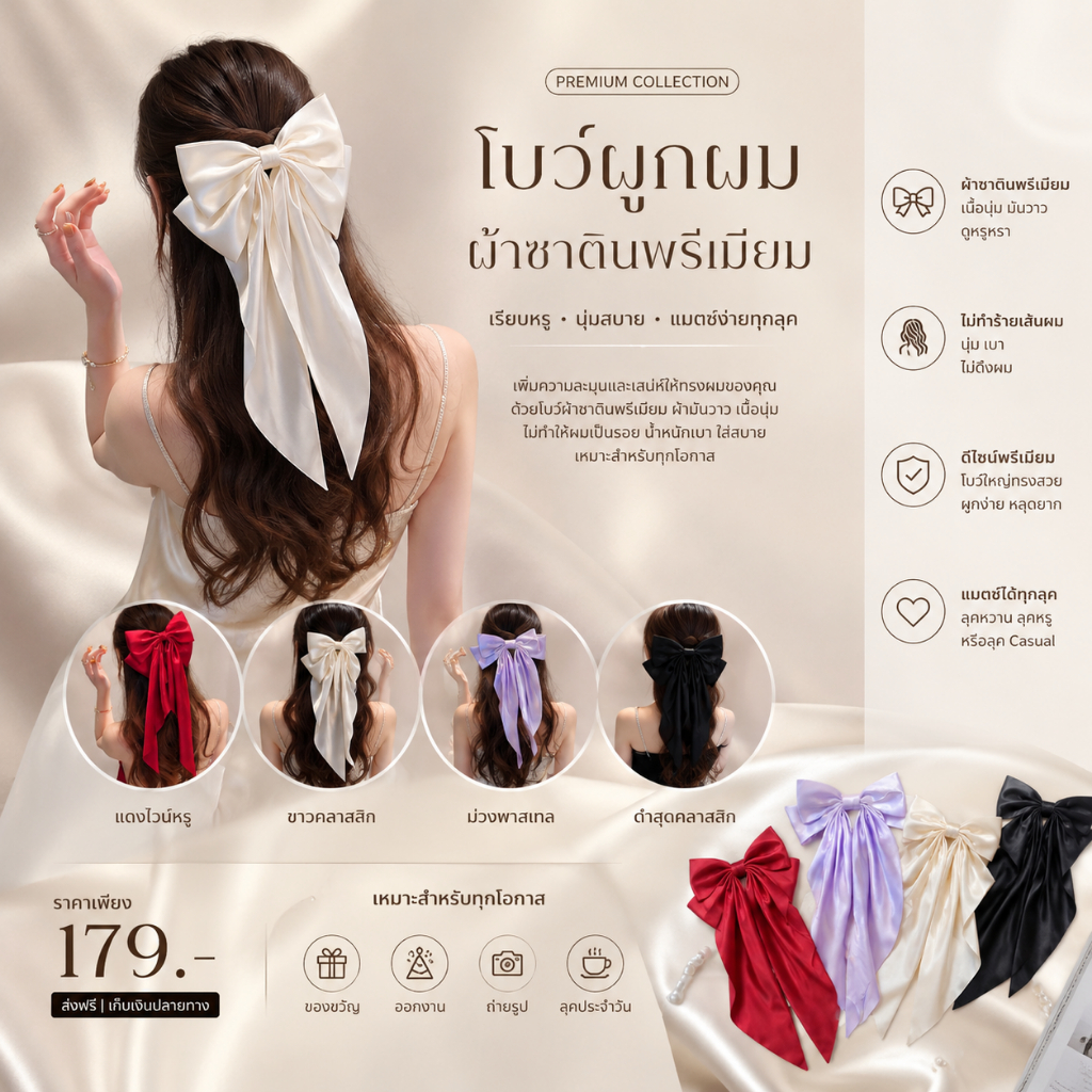 โบว์ติดผม กิ๊ปแต่งผม น่ารัก เรียบร้อย เครื่องประดับผม แฟชั่นริบบิ้นโบว์ hair bow มี 4สี่
