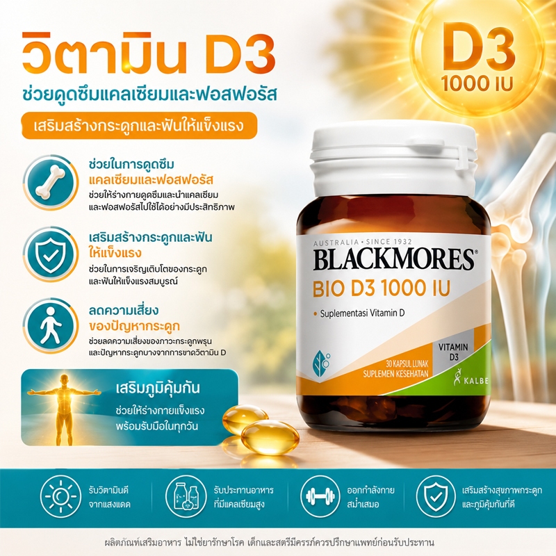Blackmores Bio D3 1000 IU 30 Caps วิตามินดี3 อาหารเสริมคุณภาพสูง แบลคมอร์ส วิตามินดี3 1000 IU 30 ซอฟต์เจล Exp2028