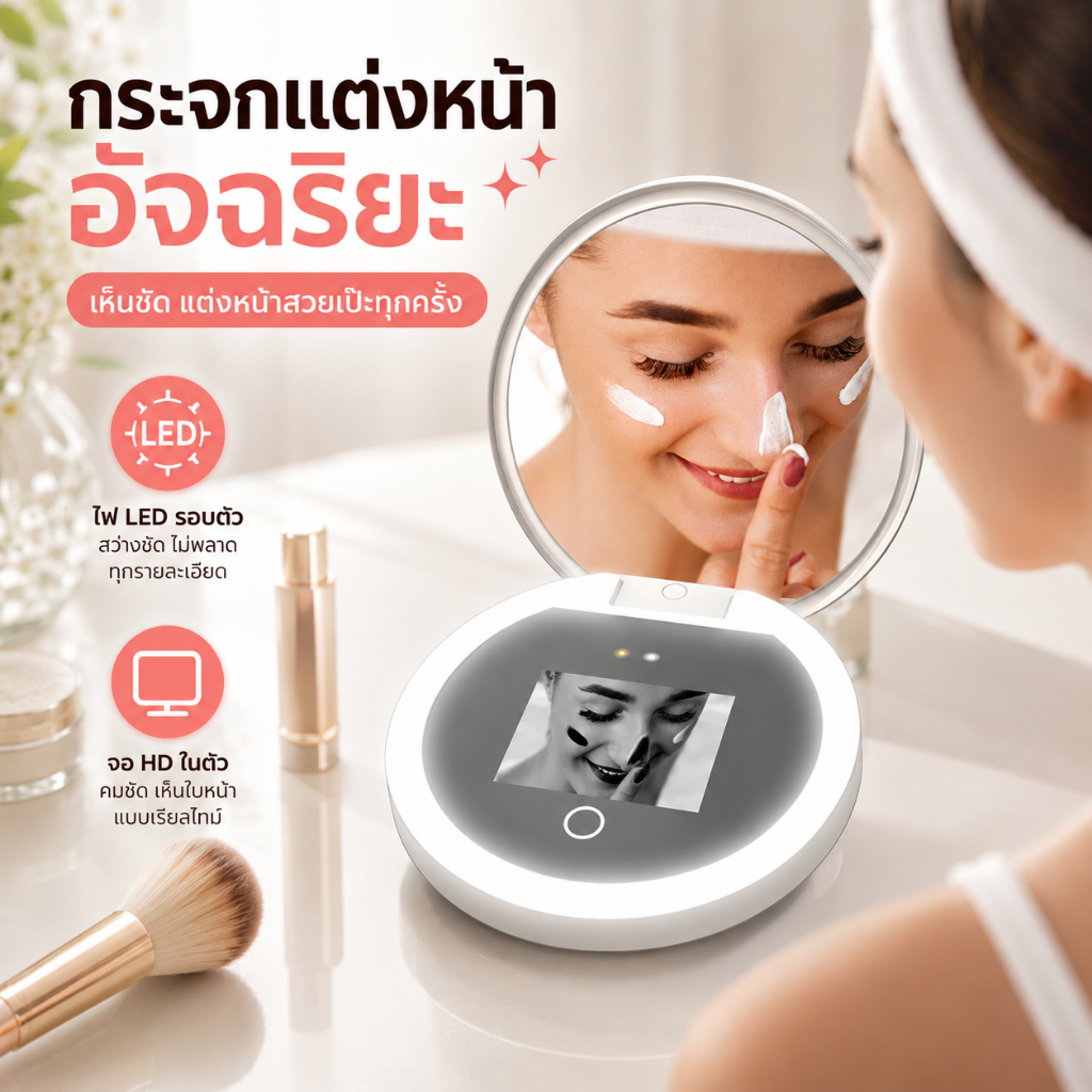 กระจกแต่งหน้า LED มินิแบบพกพาพร้อมกล้อง UV ตรวจสอบครีมกันแดดใบหน้าสวยงาม เดินทาง และใช้ในชีวิ
