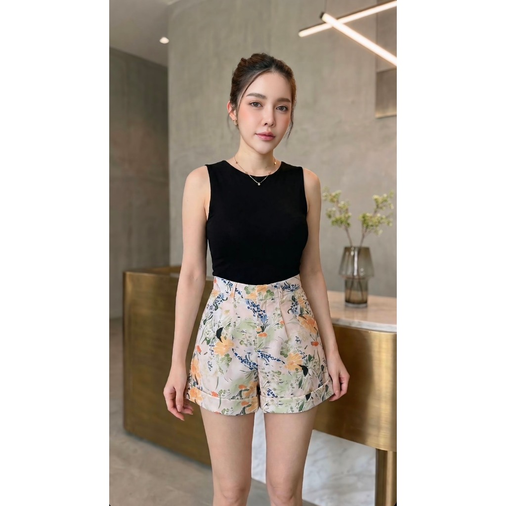 กางเกงลายดอกน่ารักขาสั้นเอวสูง (รหัส Summer)