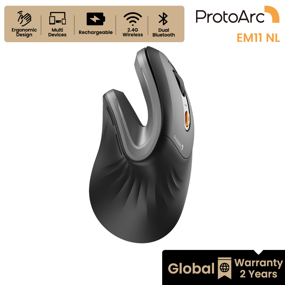 ProtoArc EM11 NL เมาส์แนวตั้ง Ergonomic เพื่อสุขภาพ ไร้สาย บลูทูธ 2 ช่อง + 2.4G ชาร์จได้ สีดำ-เทา รับประกัน 2 ปี