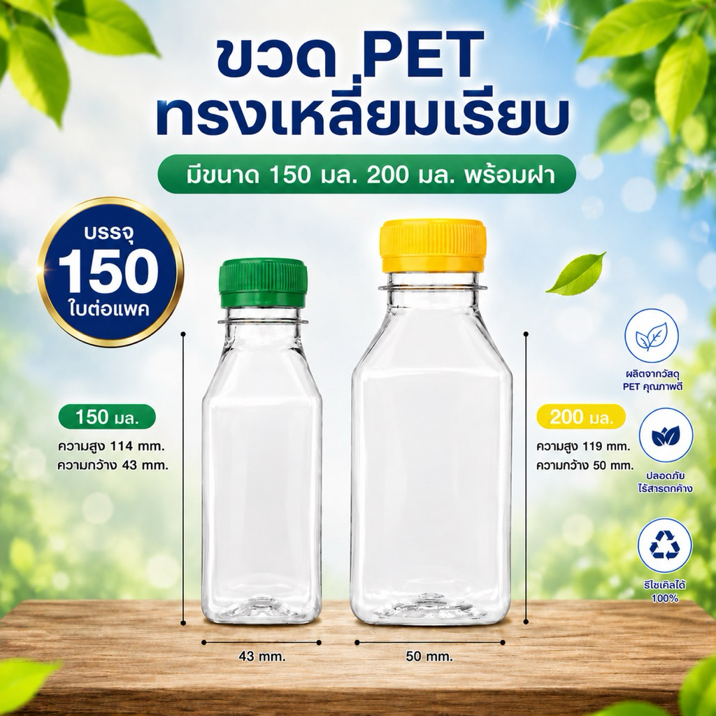 แพ็คใหญ่ (150 ใบ) ขวดพลาสติก ทรงเหลี่ยมเรียบ