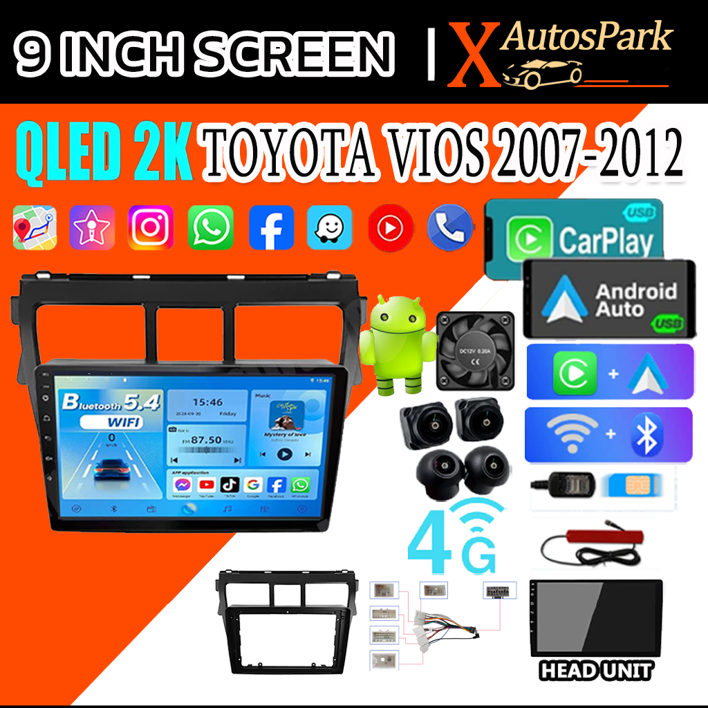 2K จอแอนดรอย 9นิ้ว TOYOTA VIOS 07-13 WIFI บลูทูธ จอ android 16 รถยนต์ CarPlay WIFI GPS SIM+360องศา Yotube จอแอนดรอยแท้