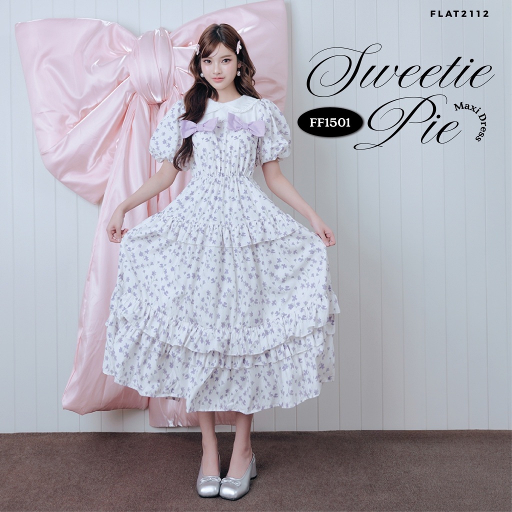 FLAT2112 : SWEETIE PIE MAXI DRESS เดรสยาวลายดอกโทนขาวม่วง ดีไซน์หวานละมุน คอบัวสีขาว เดรสสไตล์เกาหลี เดรสลูกคุณ (FF1501)