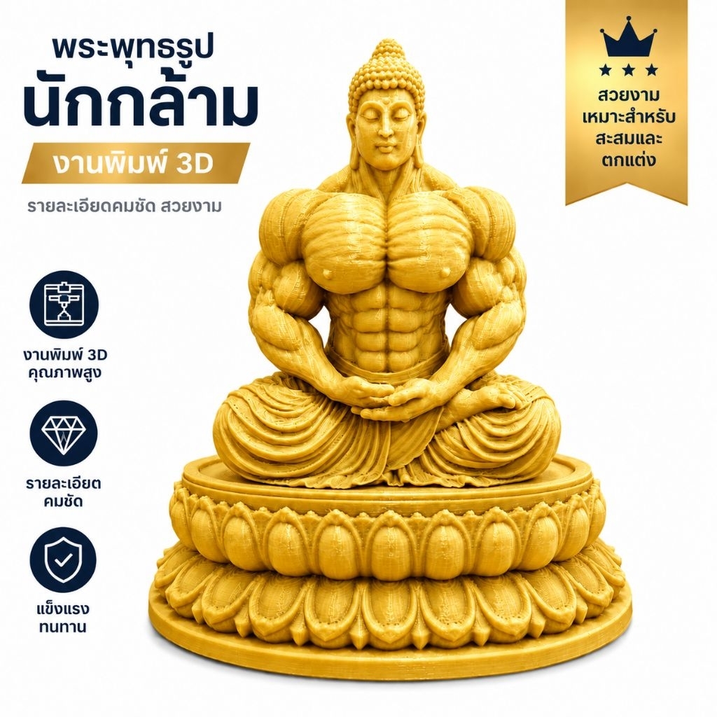 พระพุทธรูปกล้ามโต มีหลายสีให้เลือก 3D Print งานละเอียด ขนาดสูง-รวมฐาน 10 ซม. ของตกแต่งโต๊ะทำงาน ของขวัญสุดเท่