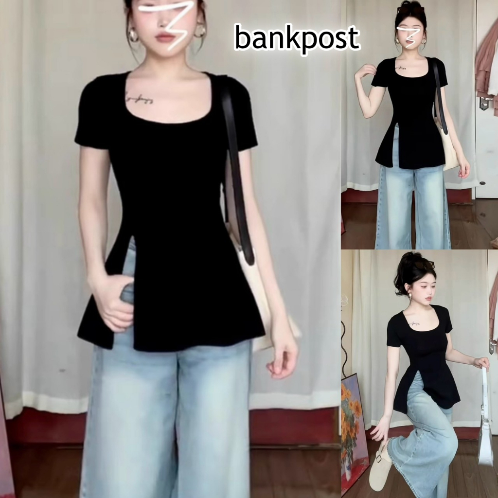 พร้อมส่ง เสื้อแฟชั่น ผ้าเปลือกไม้ ทรงยาว เข้ารูป เสื้อคอกลมแขนสั้น ดีเทลผ่าข้าง สาวอวบใส่ได้ ใส่ทำงาน  ใส่แมท ใส่ออกงาน