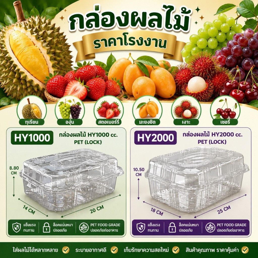 กล่องผลไม้PET HY-1000 cc.(ฝาล็อค)**ยกลัง**