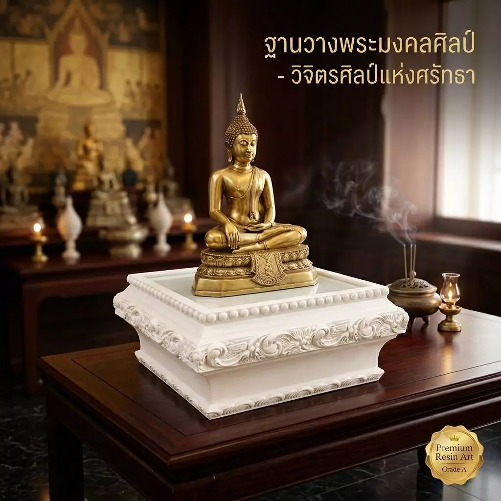 ฐานวางพระ ฐานพระลายดอกพุดตานสีขาวล้วน พื้น PVC ขาว สง่างาม ทรงคุณค่า เกรดพรีเมี่ยม