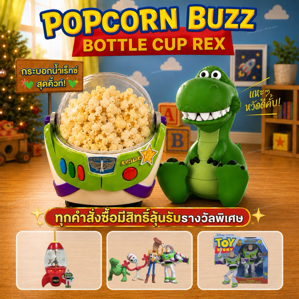 ถังป๊อปคอร์น Buzz Lightyear พร้อมกระบอกน้ำ Rex ของสะสมจากโรงภาพยนตร์ Major พร้อมส่ง