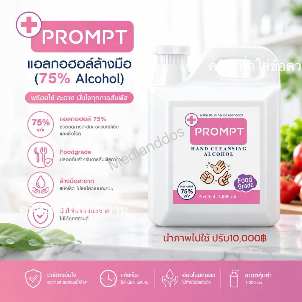 Prompt แอลกอฮอล์ล้างมือ (75% Alcohol) พร้อม 1,000 มล.  Foodgrade Hand Cleansing