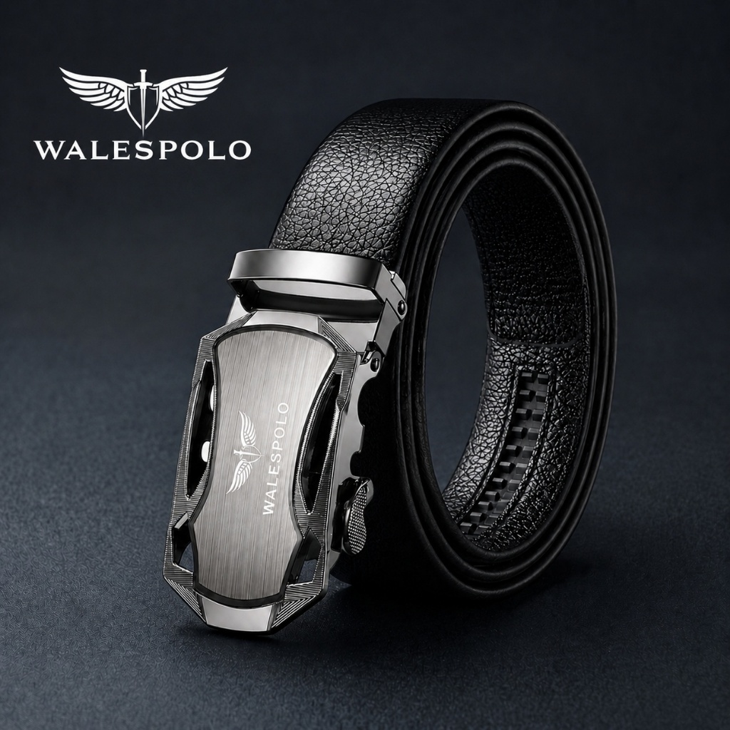 ลุคหรูดูแพง เข็มขัดผู้ชาย WALESPOLO หัวเข็มขัดออโต้ล็อกปรับง่าย หนังสีดำพรีเมียม เข็มขัดผู้ชายใส่ทำงานใส่ออกงานสไตล์นักธ