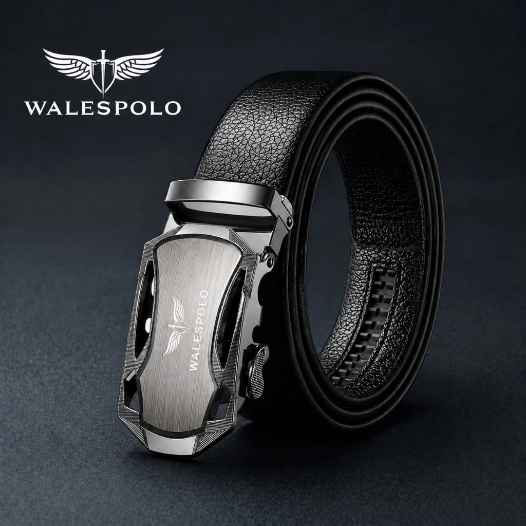 ลุคหรูดูแพง เข็มขัดผู้ชาย WALESPOLO หัวเข็มขัดออโต้ล็อกปรับง่าย หนังสีดำพรีเมียม เข็มขัดผู้ชายใส่ทำงานใส่ออกงานสไตล์นักธ