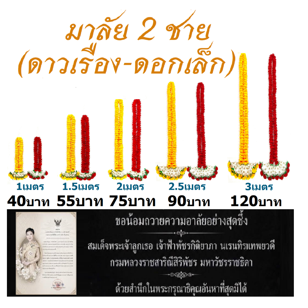 มาลัย 2 ชาย (ดอกเล็ก)  ความยาว 1 เมตร, 1.5 เมตร, 2 เมตร, 2.5 เมตร, 3 เมตร