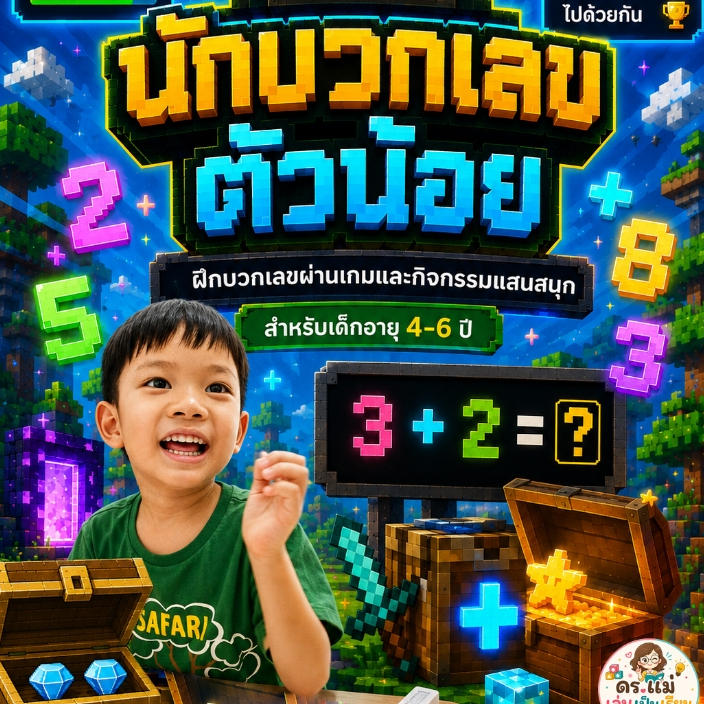 ใบงานคณิตศาสตร์เด็กอนุบาล เกมฝึกบวกเลข 16 ด่าน ภารกิจนักบวกเลขตัวน้อย Math Craft Adventure ดร.แม่ เล่นเป็นเรียน