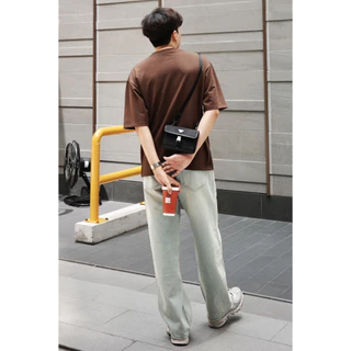 HIMSELF Smocked Wide Jeans กางเกงยีนส์ผู้ชาย เอวสูงทรงขากระบอกใหญ่ เอวยืดได้เล็กน้อย ใส่สบาย