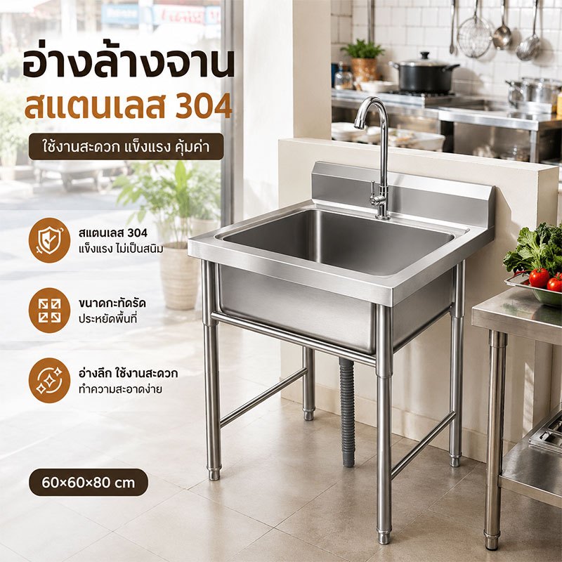 อ่างล้างจานสแตนเลสแบบซิงค์เดี่ยว Commercial ขอบหนาในตัว ใช้ในครัว ล้างได้ทั้งผัก จาน และมือ