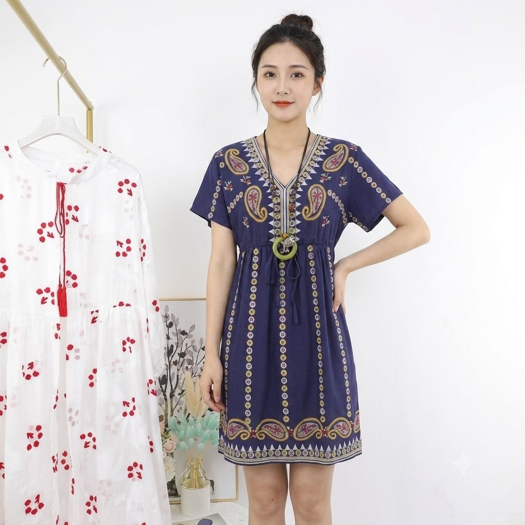 เดรสผ้าฝ้าย มี2สี งานปัก พร้อมส่ง