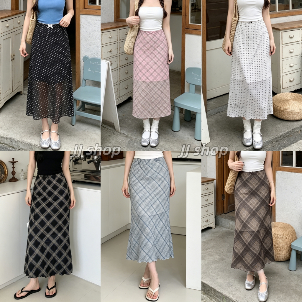 JJ Shop​💜พร้อมส่ง กระโปรงผู้หญิงลายจุดครึ่งตัว, กระโปรงทรงดินสอลายตาราง, แบบยาว, ผ้านุ่ม -FY5181