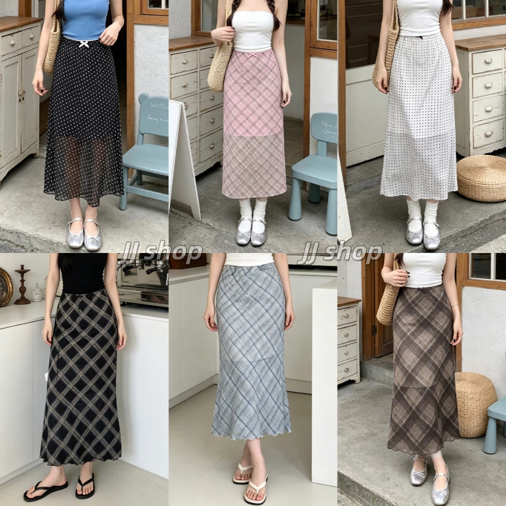 JJ Shop💜พร้อมส่ง กระโปรงผู้หญิงลายจุดครึ่งตัว, กระโปรงทรงดินสอลายตาราง, แบบยาว, ผ้านุ่ม -FY5181