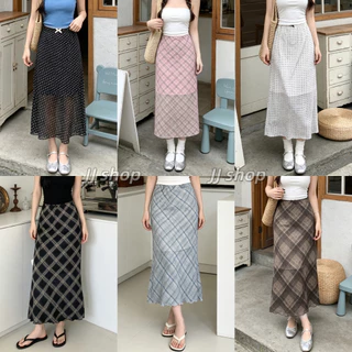 JJ Shop​💜พร้อมส่ง กระโปรงผู้หญิงลายจุดครึ่งตัว, กระโปรงทรงดินสอลายตาราง, แบบยาว, ผ้านุ่ม -FY5181
