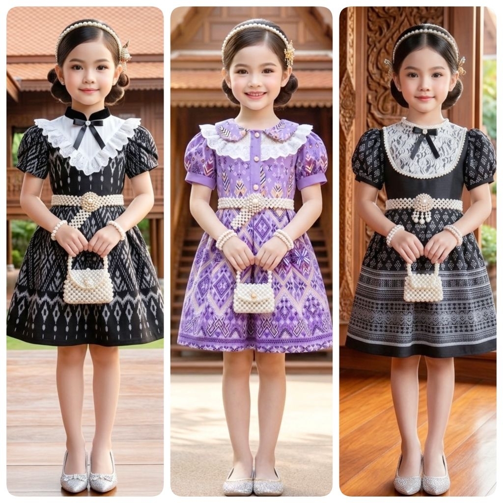 ชุดไทยเด็ก รุ่นมินิเดรสลายไทยสำหรับเด็กผู้หญิง งานผ้าฝ้ายพิมพ์ลาย