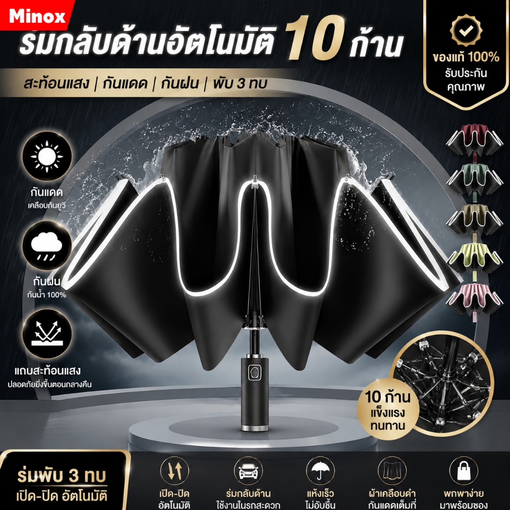 NEW ร่ม (U6) ร่มพับออโต้ พับเก็บแบบกลับด้าน ขอบร่มสะท้อนกับแสง กันได้ทั้งฝนและแดด UV ได้ดี