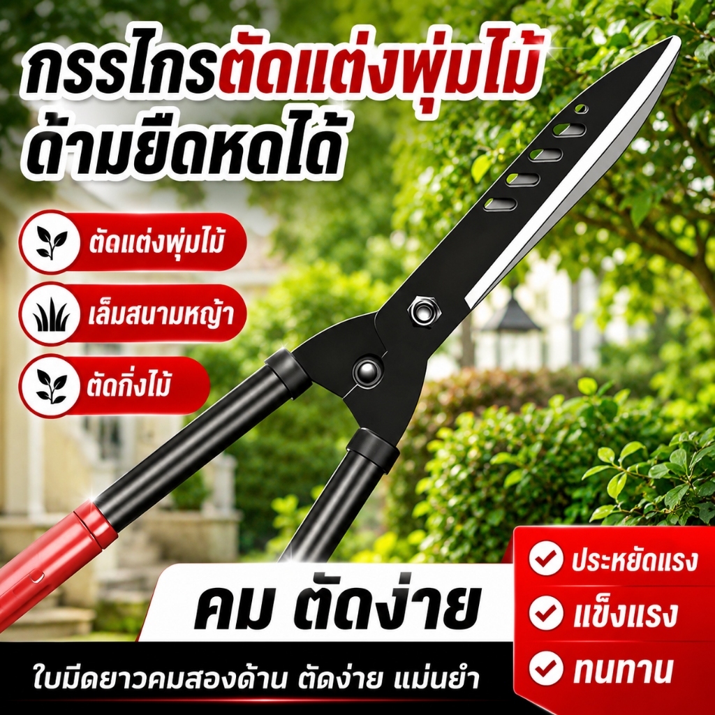 กรรไกรตัดแต่งพุ่มไม้ ด้ามยืดหดได้ ใบมีด SK5 คมสองด้าน สำหรับตัดกิ่งไม้ เล็มรั้ว พุ่มไม้ สนามหญ้า