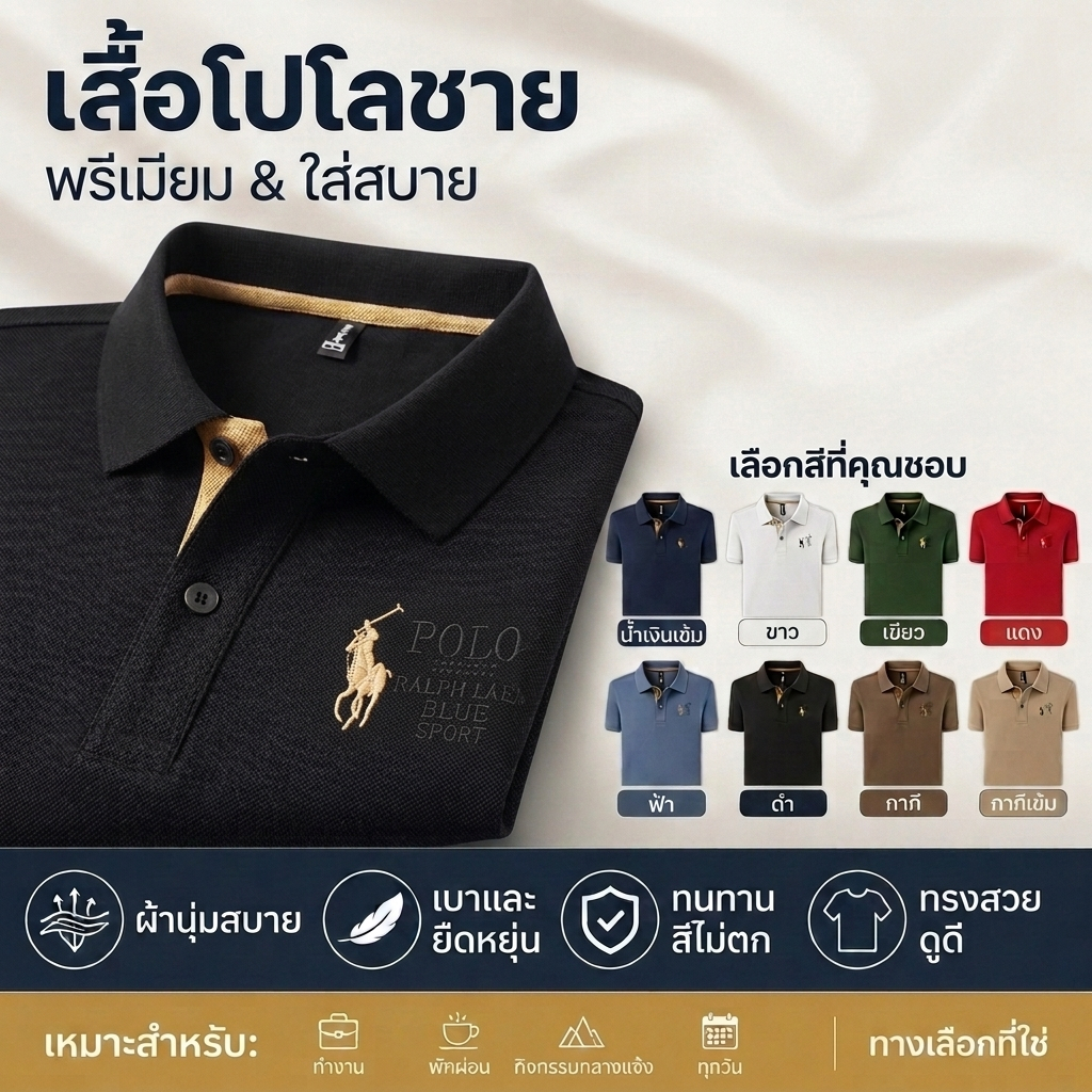 เสื้อโปโลผู้ชายสีดำคุณภาพสูง คอปกตั้ง เสื้อโปโลปักลายสำหรับผู้ใหญ่ มีหลายสีให้เลือก