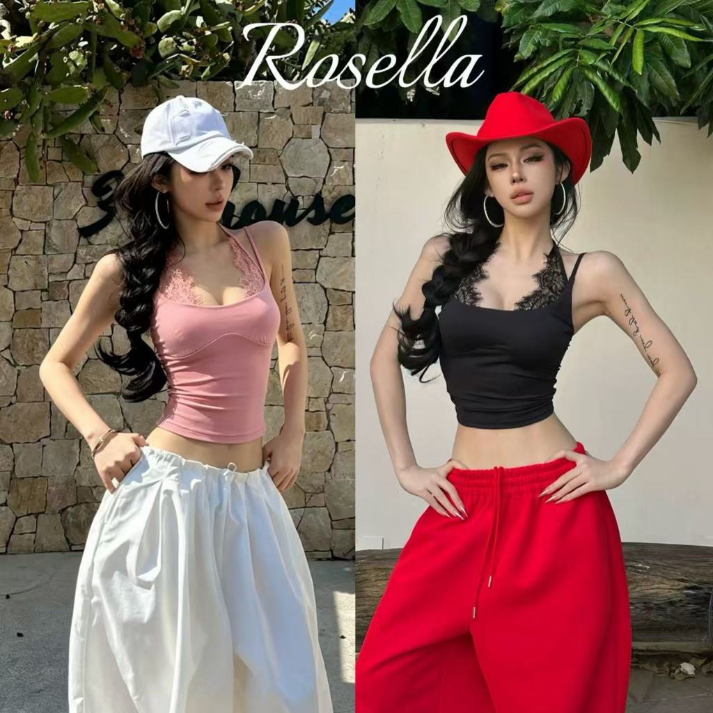 Rosella【สินค้าใหม่👗】เสื้อสายเดี่ยวผ้าลูกไม้สุดเซ็กซี่และเย้ายวน เสื้อสายเดี่ยวทรงเข้ารูปคุณภาพสูงสำหรับฤดูร้อน