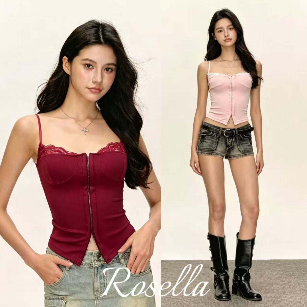 Rosella【สินค้าใหม่👗】เสื้อสายเดี่ยวลูกไม้เนื้อบางเบาและยืดหยุ่นได้ดี ช่วยให้ดูผอมเพรียวขึ้น