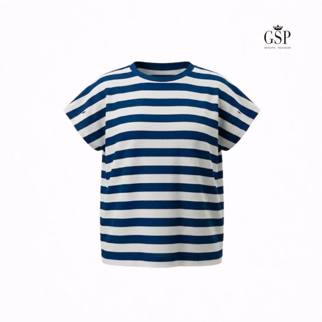 GSP เสื้อยืด คอกลม แขนเลย ริ้วสีกรม-ขาว Woman's blouse Color Crop Tee Stripe  P9YLNV