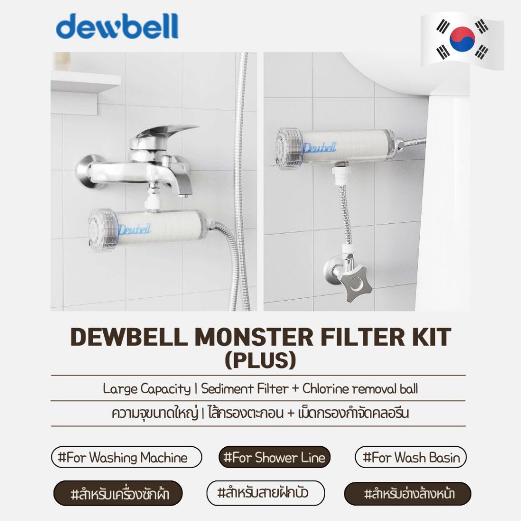 Dewbell - Monster Filter(F15) Plus ชุดกรองน้ำอเนกประสงค์สำหรับเครื่องซักผ้า, สายฝักบัว, อ่างล้างหน้า, ผลิตในเกาหลี