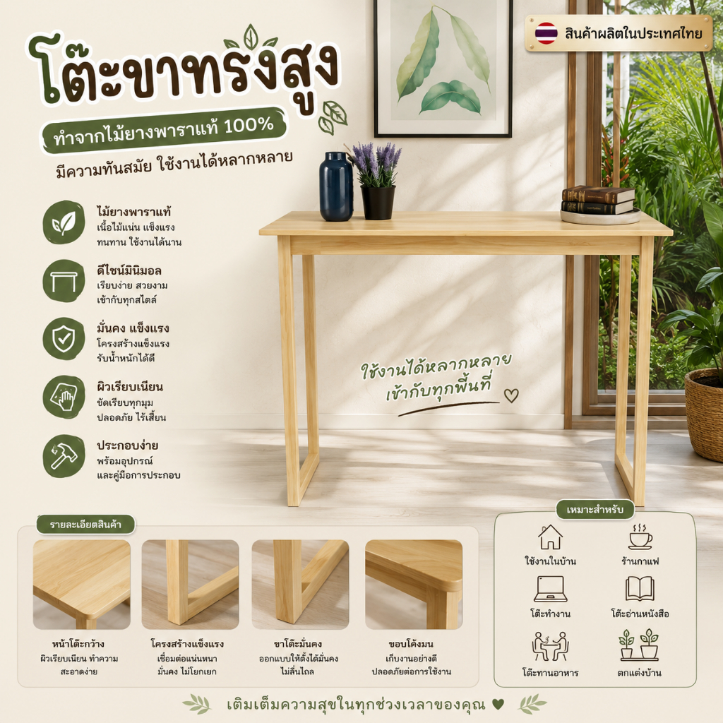 Moderncomfortfurniture[ ลูกค้าใหม่ลด 100 ] โต๊ะบาร์ โต๊ะบาร์ทรงสูง โต๊ะมินิมอล ทำจากไม้ยางพาราแท้100% ขนาด70-100 cm.