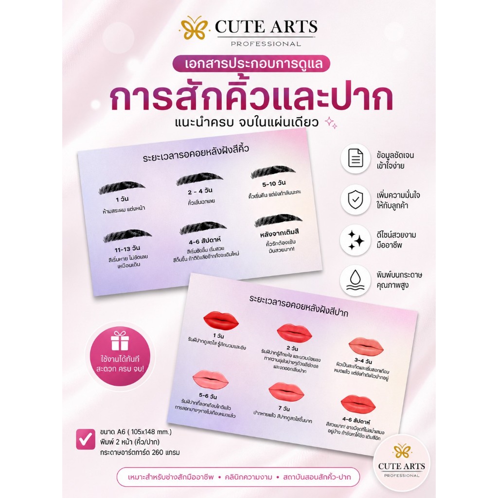เอกสาร การ์ด วิธีดูแลหลังการลงสี ฝังสีปาก ฝังสีคิ้ว ขนาด5.5x9cm. กระดาษเป็นหน้า-หลัง คุณภาพอย่างดี ภาพสีคมชัด