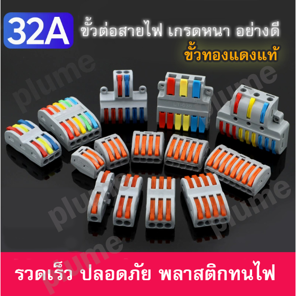 ข้อต่อสายไฟ ตัวแยกสายไฟ ตัวเชื่อมสายไฟแบบล็อค  เต๋าต่อสาย แผงต่อสายไฟ พลาสติกทนไฟ อย่างดี เกรดหนาพิเศษ ทองแดงแท้