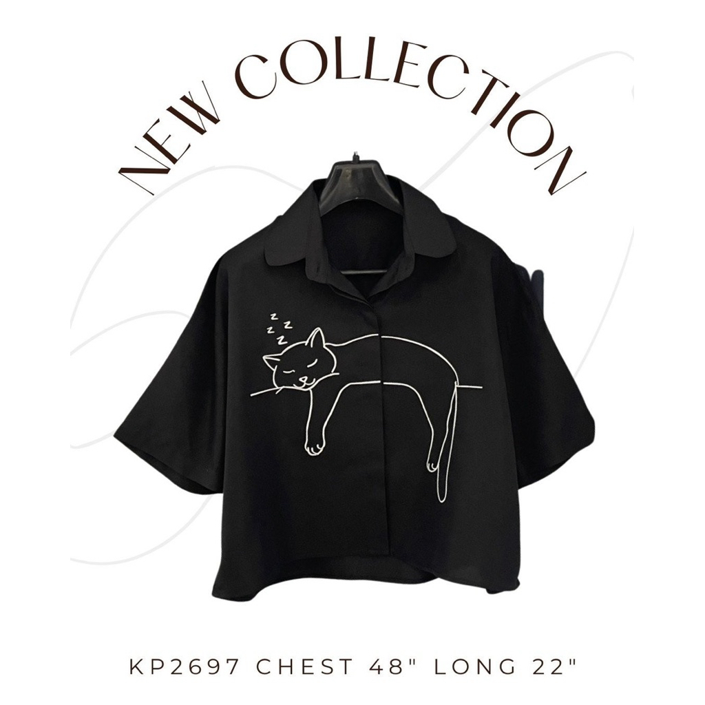 อก48เสื้อเชิ้ตครอปปักน้องแมวนอน ทรงแขนสั้นงานปักแน่นๆซักไม่หลุดแน่นอน มีหลายโทนสีอกใหญ่ใส่สบาย 2697