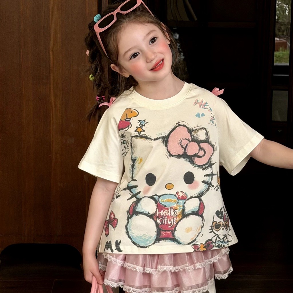 BB327 เซตเสื้อผ้าเด็กผู้หญิงฤดูร้อน เสื้อยืดลายแมวการ์ตูน หลังตกแต่งโบว์ใหญ่ + กระโปรงตาข่ายสีชมพูเลเยอร์