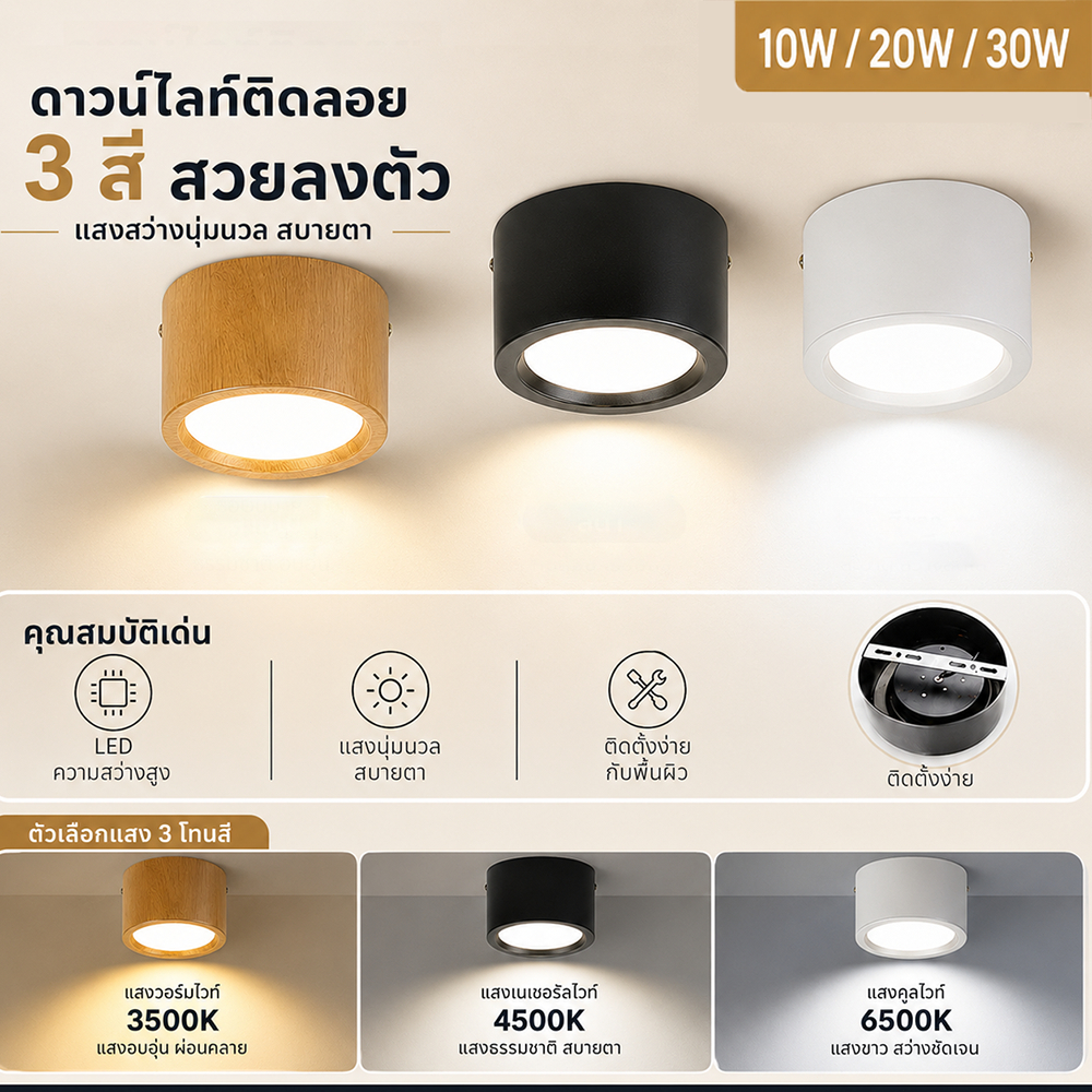 พื้นผิวติดตั้งดาวน์ไลท์ LED 3สี โคมไฟเพดาน 10/20/30W Downlight รอบลงสําหรับห้องนั่งเล่นห้องนอนไฟตู้