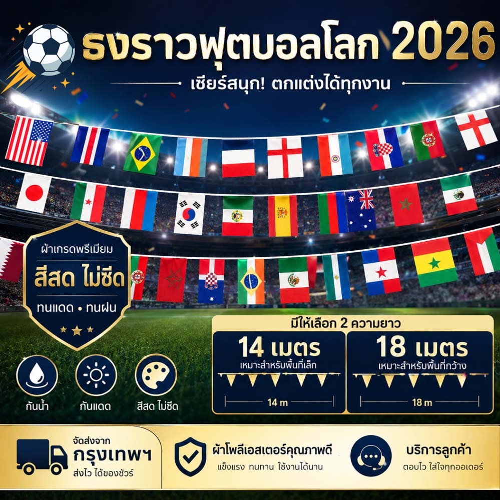 ธงราวบอลโลก 2026 ธงชาติ 48ประเทศ 14*21cm 20*28cm กันน้ำ สีไม่ซีดจาง ตกแต่งธีม งานปาร์ตี้ ธง